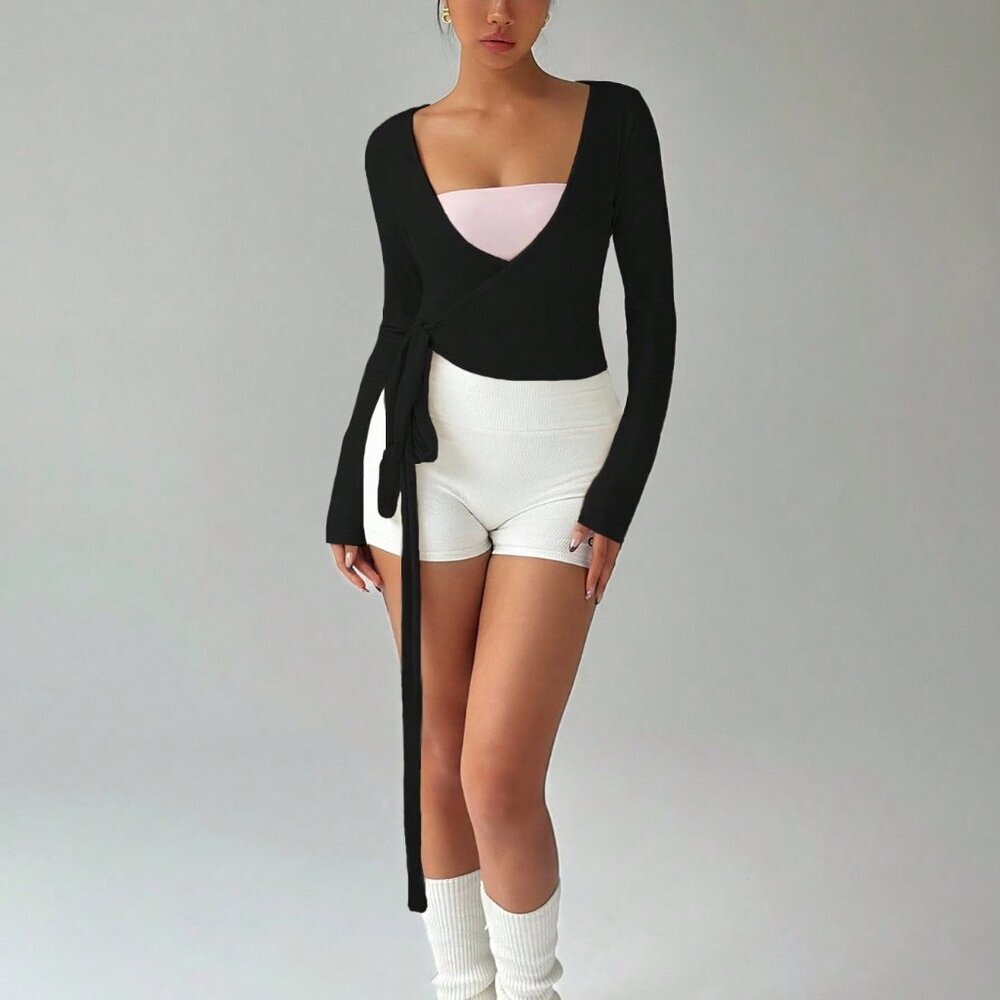 Black Casual Women's Yoga Tie-Up V-Neck Wrap Long Sleeve Cropped Tee - Picture 6 of 6